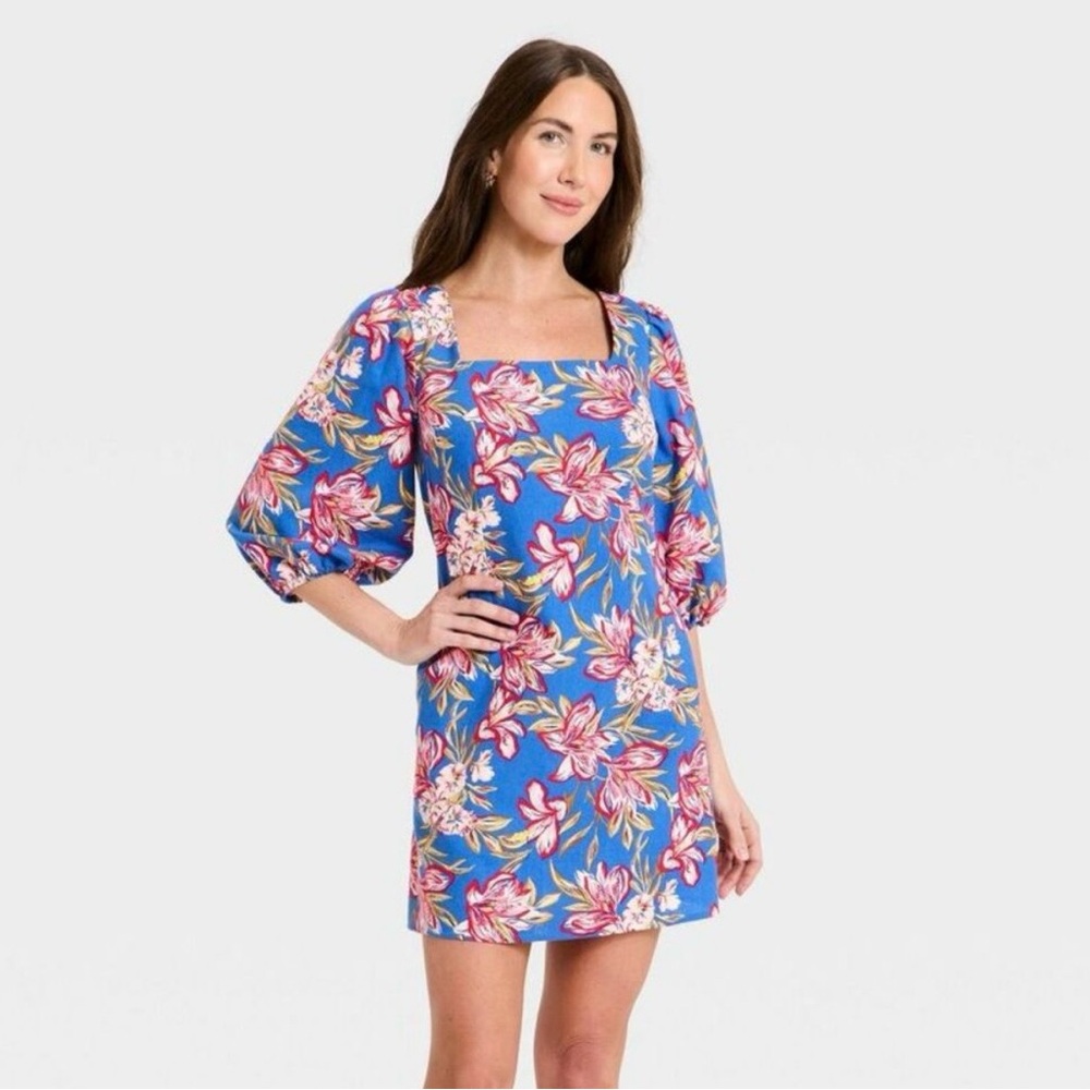 A New Day Blue Floral Square-Neck Mini Dress